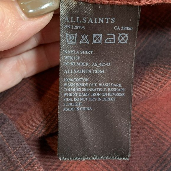 AllSaints Women's Size 4 Red Black Snap Cross Body Layer Flannel Long Sleeve Top - Picture 7 of 8